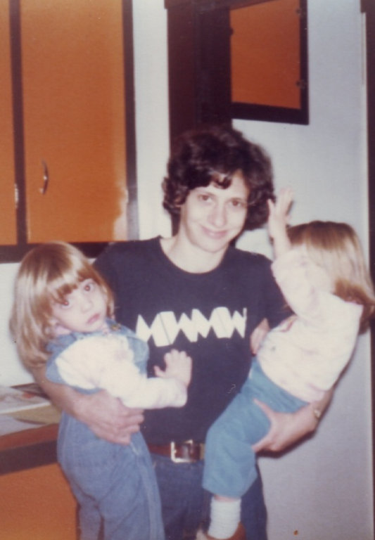 hip mom holding twins, park slope brooklyn, 1979